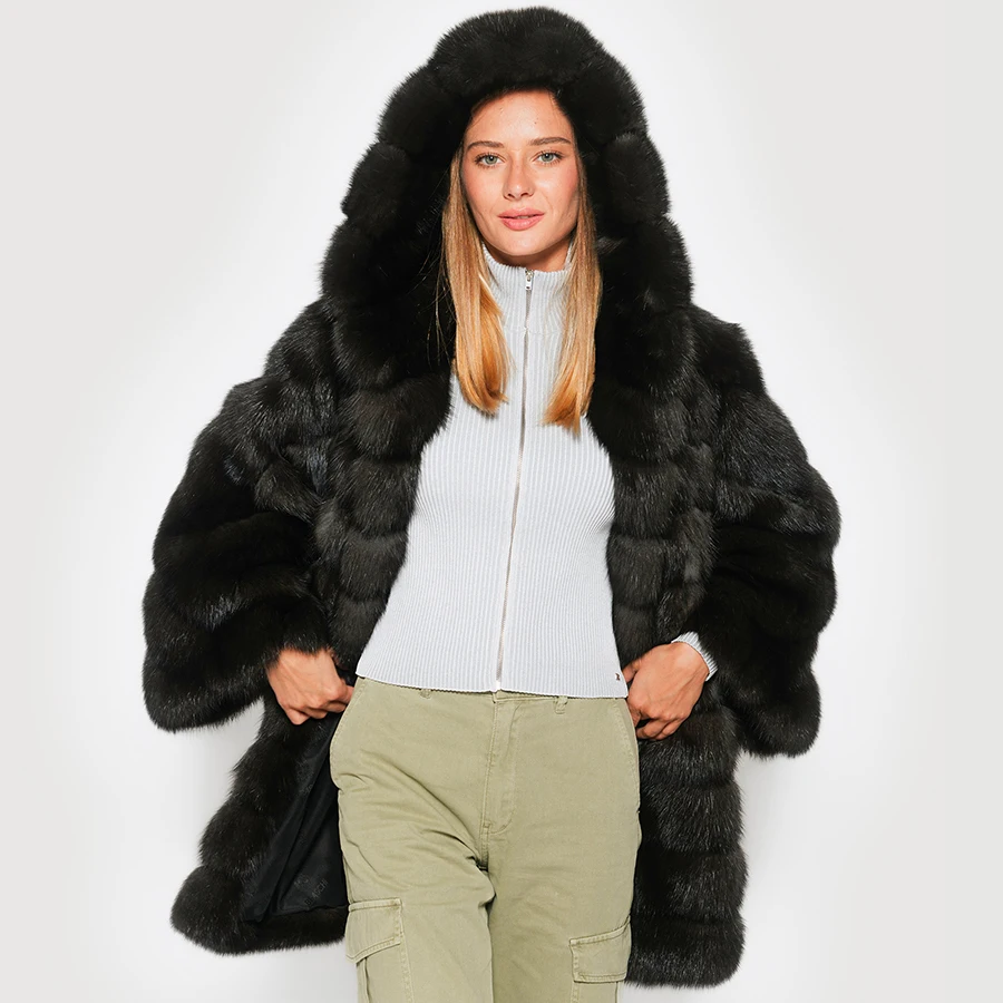 Genuine Fox Jackets Womens Fox Fur Coat Women Luxury Black Hooded Fox Fur Jacket Best Selling