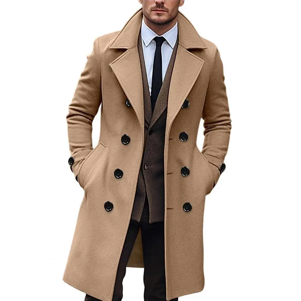 Dress Coat Men's Double Breasted Long Woolen Coat with Lapel Pockets Solid Color Mid-length Outwear for Winter Warmth Style Suit