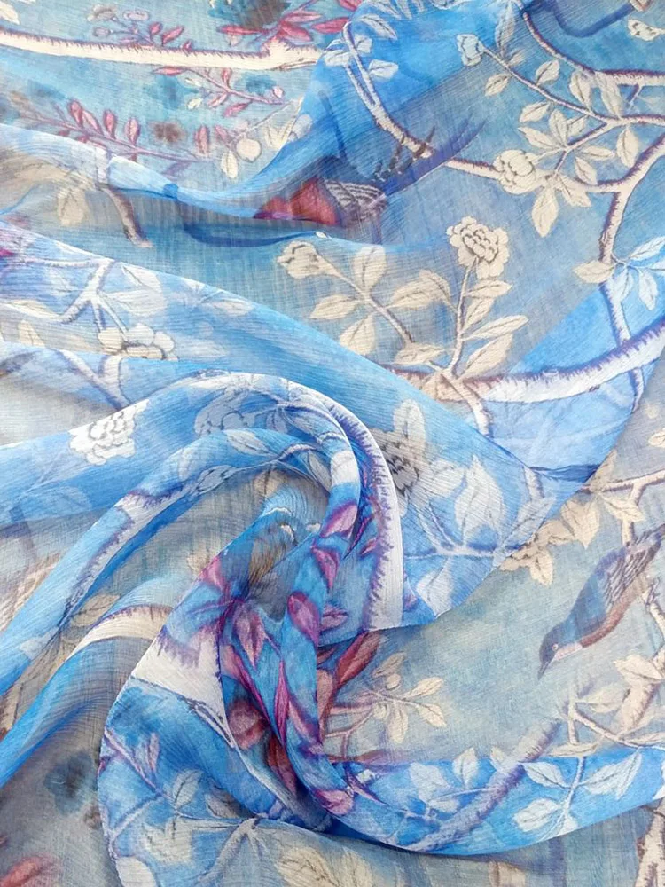 100% Pure PRINT SILK CHIFFON FABRIC 8mm Width 140CM Silk Chiffon Dress Fabric Natural Silk Fabric For Dress Shirt Flowers Blue