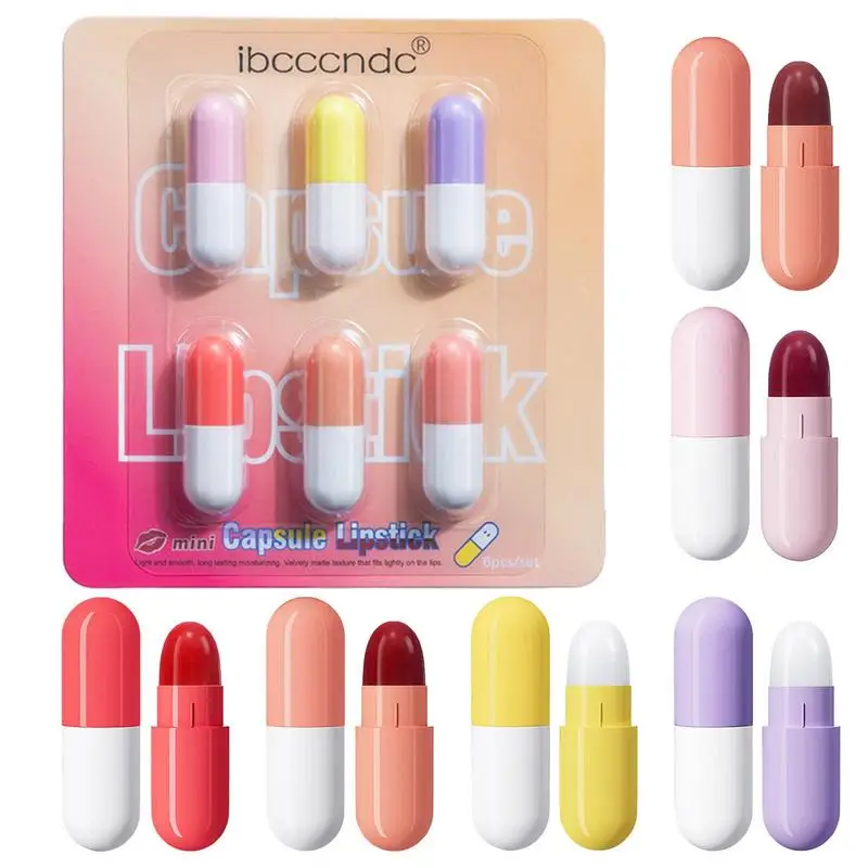 Mini Lipstick Set 6pcs Mini Pill Shaped Lipstick Lipstick Set Pills Lipstick Long Lasting Nude Red Mini 24 Hour Stay On Matte