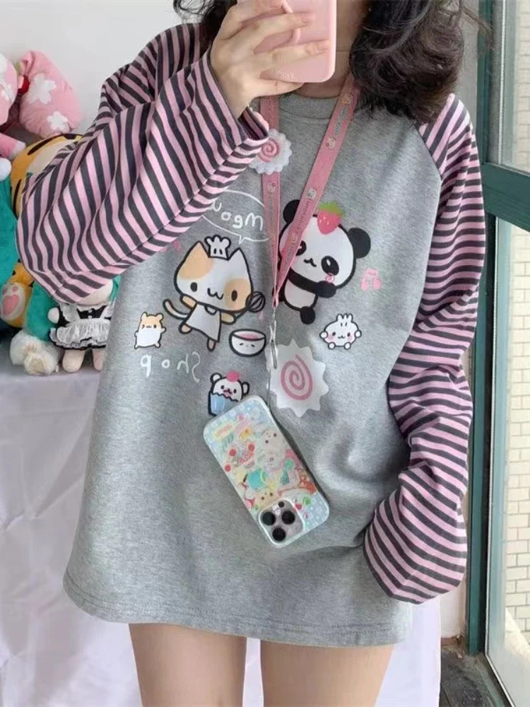 Harajuku Kawaii Cartoon Graphic T Shirts Women Vintage Kpop Oversized Long Sleeve Tees Sweet Patchwork Y2K Tops Preppy