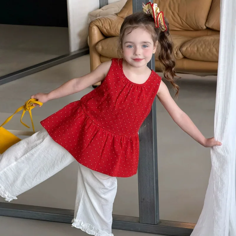 Girl Red Polka Dot Vest Sleeveless Tshirt 26 Spring Summer Children Kid Clothes Cuasal Baby Toddler Tie-String Top 3-12 Year