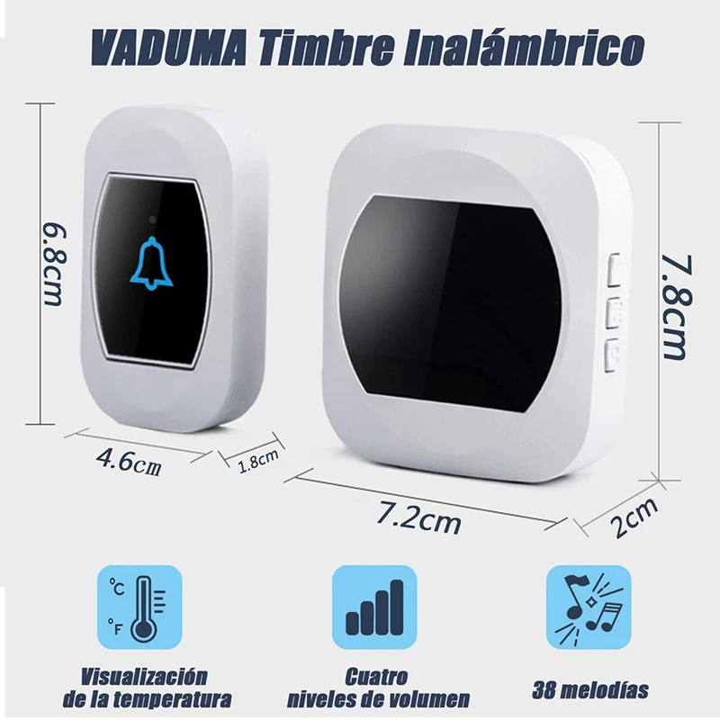 플러그 인 무선 초인종, 리시버 및 단추 송신기, 실내 온도계, 온도 디스플레이 포함, 미국 플러그