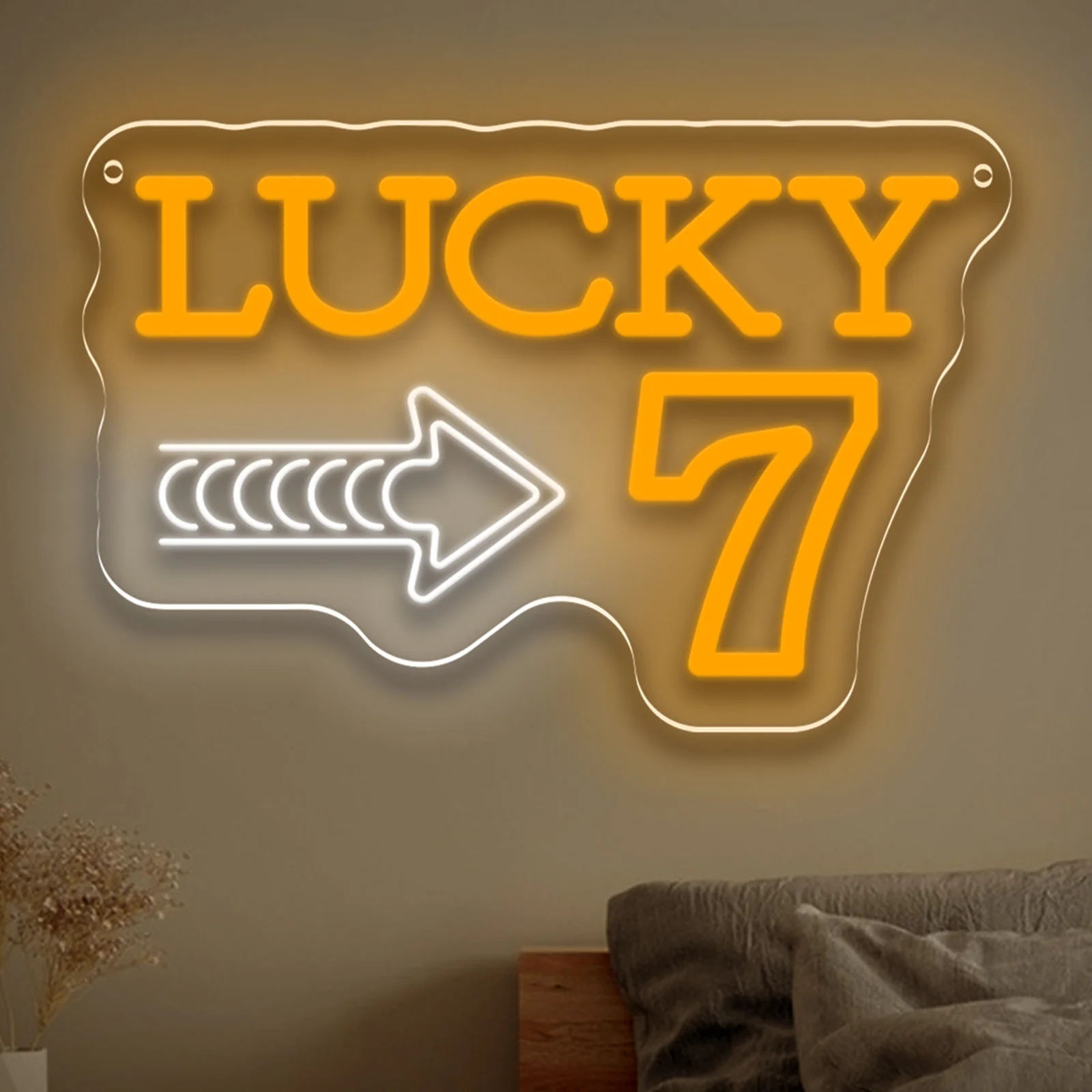 Lucky 7 Neon Sign Orange LED Wall Art USB Powered Acrylic Arrow Number Lucky Quote Casino Theme Gameroom Bar Party Birthday Gift