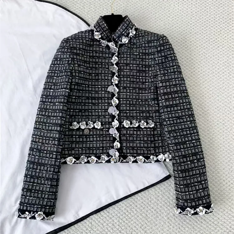 

Customized European and American women's clothing for winter 2025 Long-sleeved single-breasted Sequined tweed coat