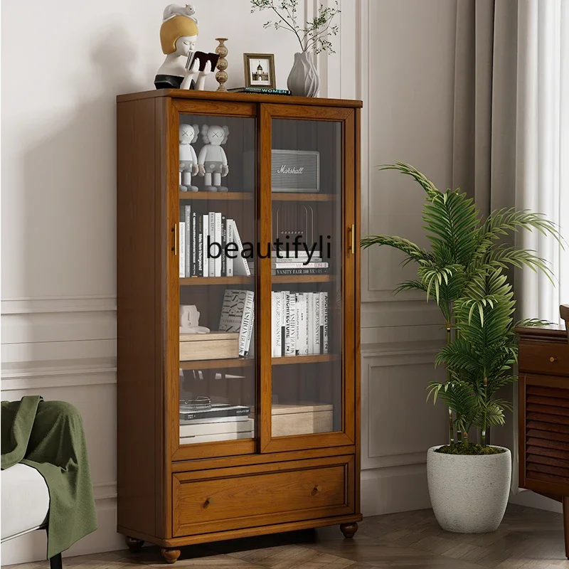

American-Style Solid Wood Floor Storage Cabinet Modern Minimalist with Sliding Door Shelf Display Cabinet