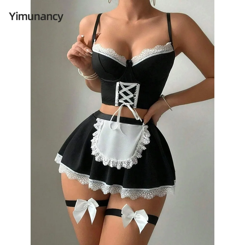 

Yimunancy 4-Piece Maid Sexy Lingerie Set Women G-String Underwear Set Bow Legbands Erotic Set