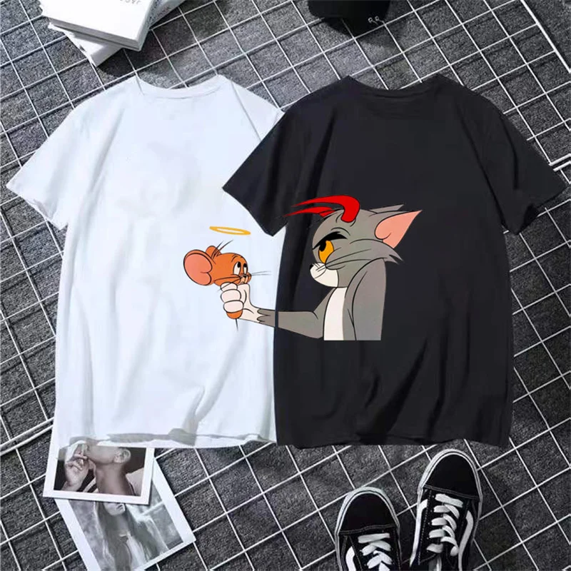 

Hot Sale Summer Women Men Cat Tom Mouse Jerry Casual Kawaii Cotton Tee Harajuku Shirt Ropa Mujer Cute Cartoon Couple Tshirt