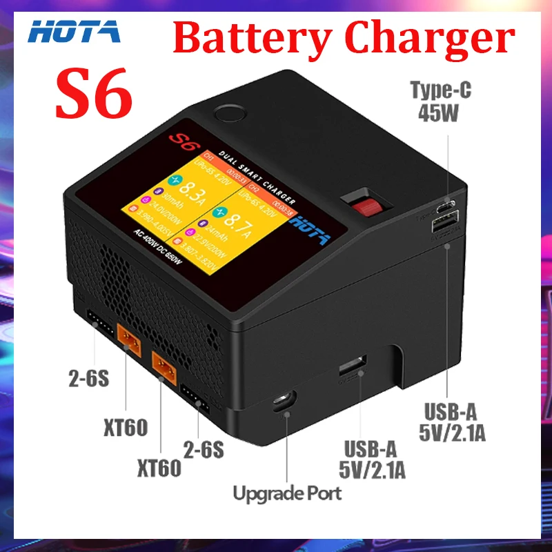 

HOTA S6 AC/DC Dual Channel Smart Size Battery Charger Discharger for FPV Racing Drone RC Quadcopter Type-C Output 45W