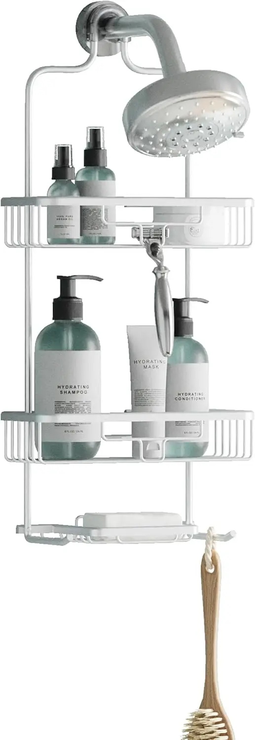 

Rustproof Hanging Shower Caddy with 2 Shelves & Hooks, Aluminum Bathroom Organizer for Over Shower Head Storage