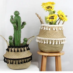 Artesanal Decoração Boho Cestas De Vime, Armazenamento, Dobrável, Palha, Rattan, Barriga De Ervas Marinas, Jardim, Vaso De Flores