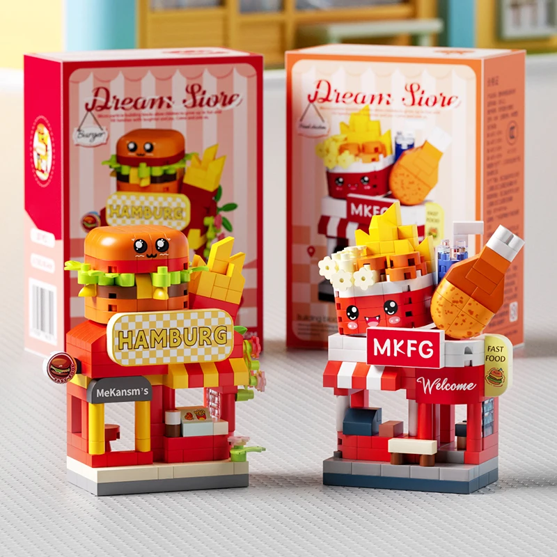 Ristorante Dessert Caffè Frutta Negozio di fiori Snack Street View Torta Cibo Casa Building Blocks Kit Ragazze Mattoni Modello Giocattoli per bambini