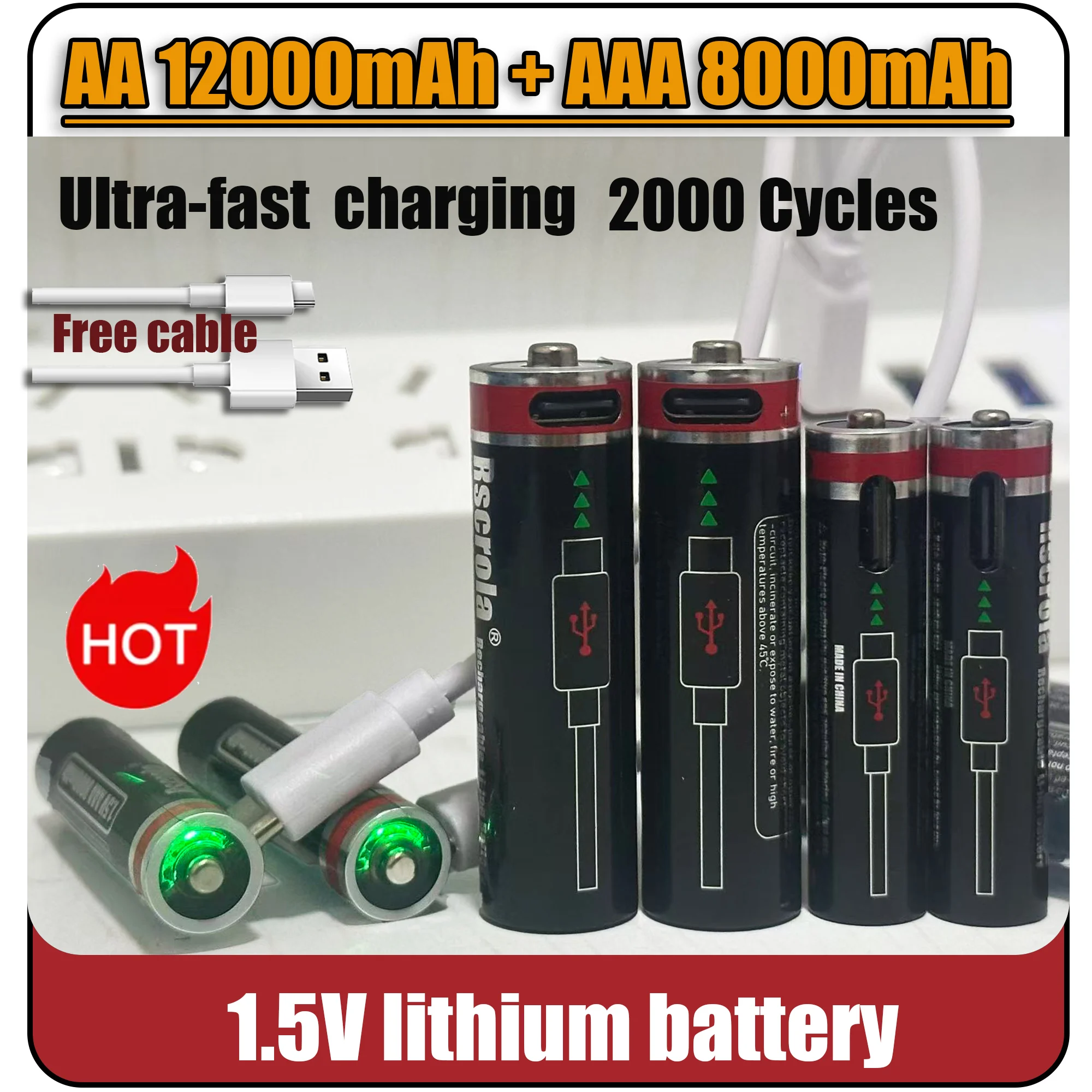 بطاريات ليثيوم أيون 1.5 فولت AA12000 مللي أمبير + AAA 8000 مللي أمبير بطاريات AA قابلة للشحن 1.5 فولت بطارية AAA مع كابلات USB-C