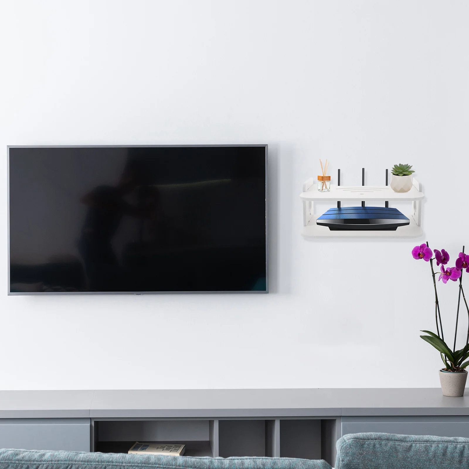 ชั้นวางเราเตอร์ติดผนัง ดีไซน์ระบายอากาศไม้ ช่วยระบายความร้อน เหมาะสำหรับห้องนั่งเล่น ห้องนอน ชั้นวางติดผนังขนาดเล็ก