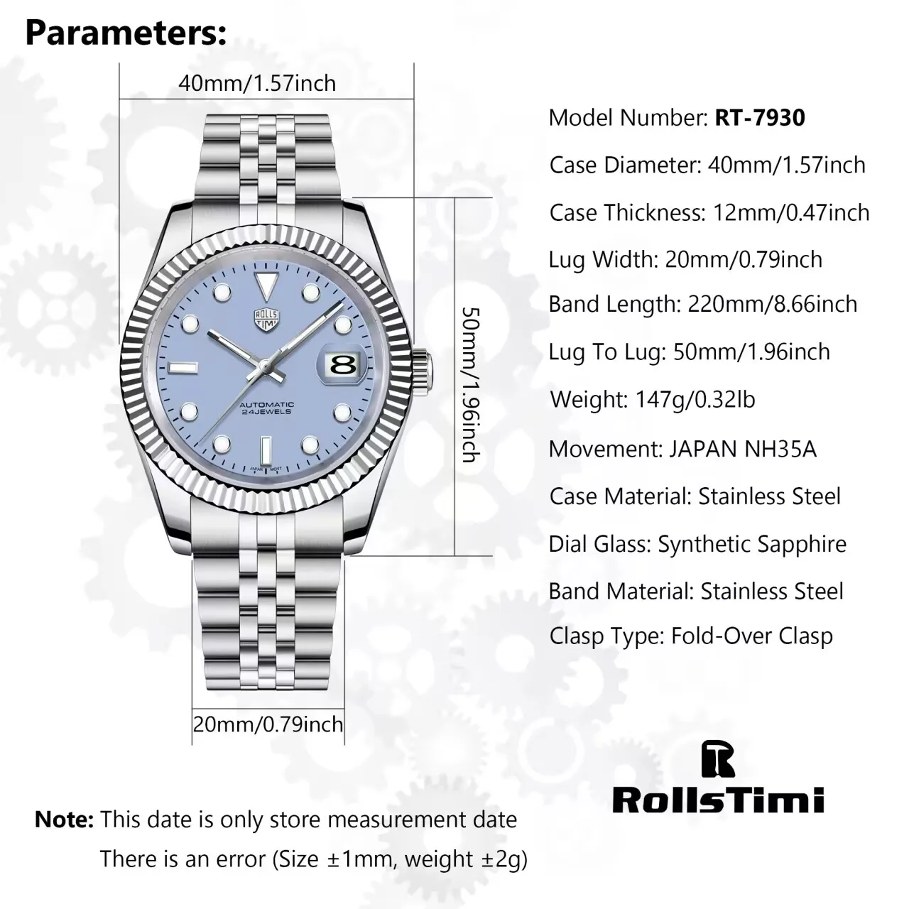 RollsTimi Watches for Man 2024 New Automatic Wristwatch Japan NH35A Movt Sapphire Glass Calendar 24 Jewels Relógios Masculinos