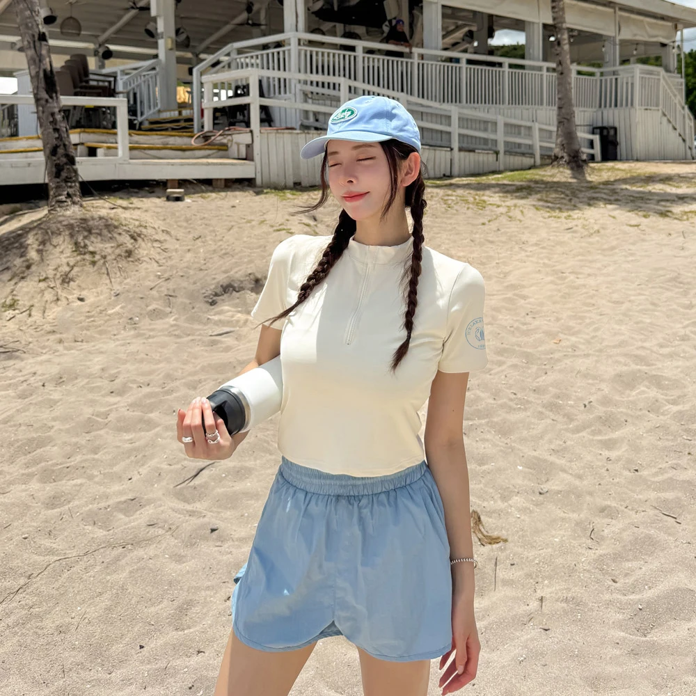 slim-fit-round-neck-short-sleeve-t-shirt-women's-casual-dive-suit-set-sports-style-leisure-swimming-costume-underwater-clothing