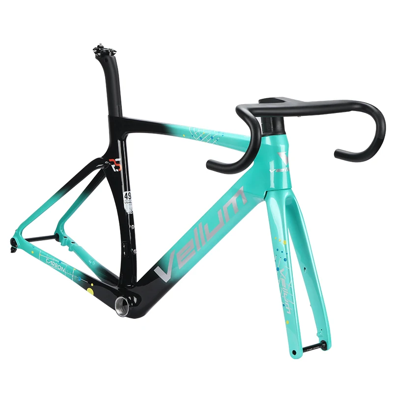 

The new VELLUM RS carbon fiber frame road bike in dark green 2025, with full internal cable brake pads and handlebars
