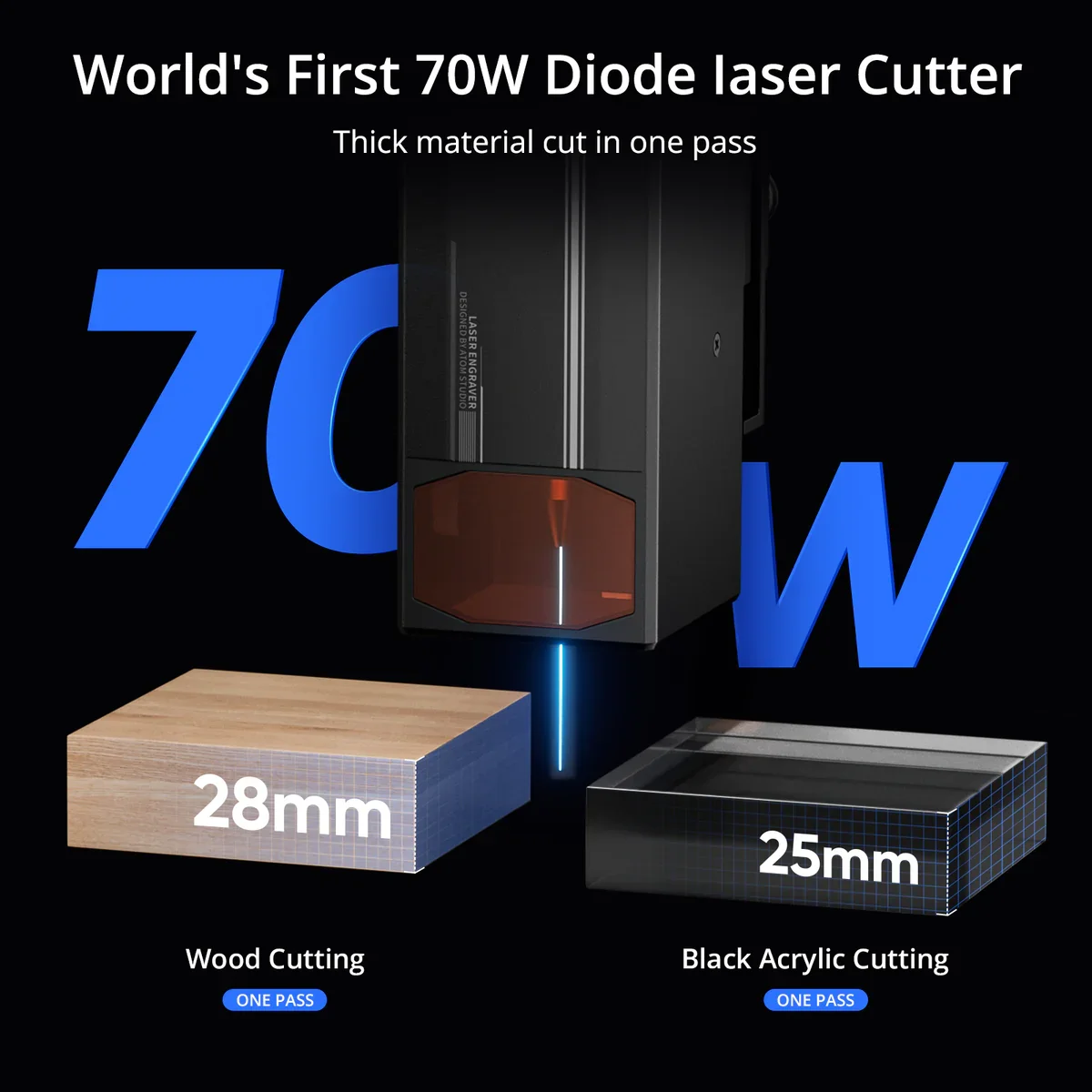AtomStack A70 Max Laser Cutter, With up to 77W laser output, A70 Max cuts 25–28mm wood in a single pass