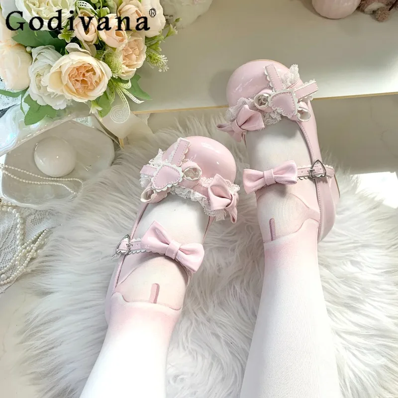 

Sweet Elegant Japanese Original Lolita High Heels Round Toe Chunky Heel Bow Lace Mary Jane Shoes for Women