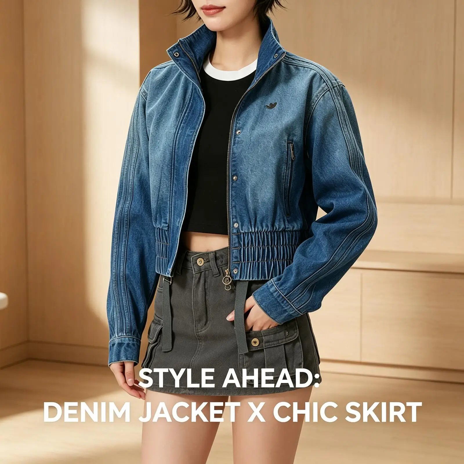 Adidas Trefoil Women Denim High Neck Jacket Sportswear Fashion Short Casual Coat KE1072