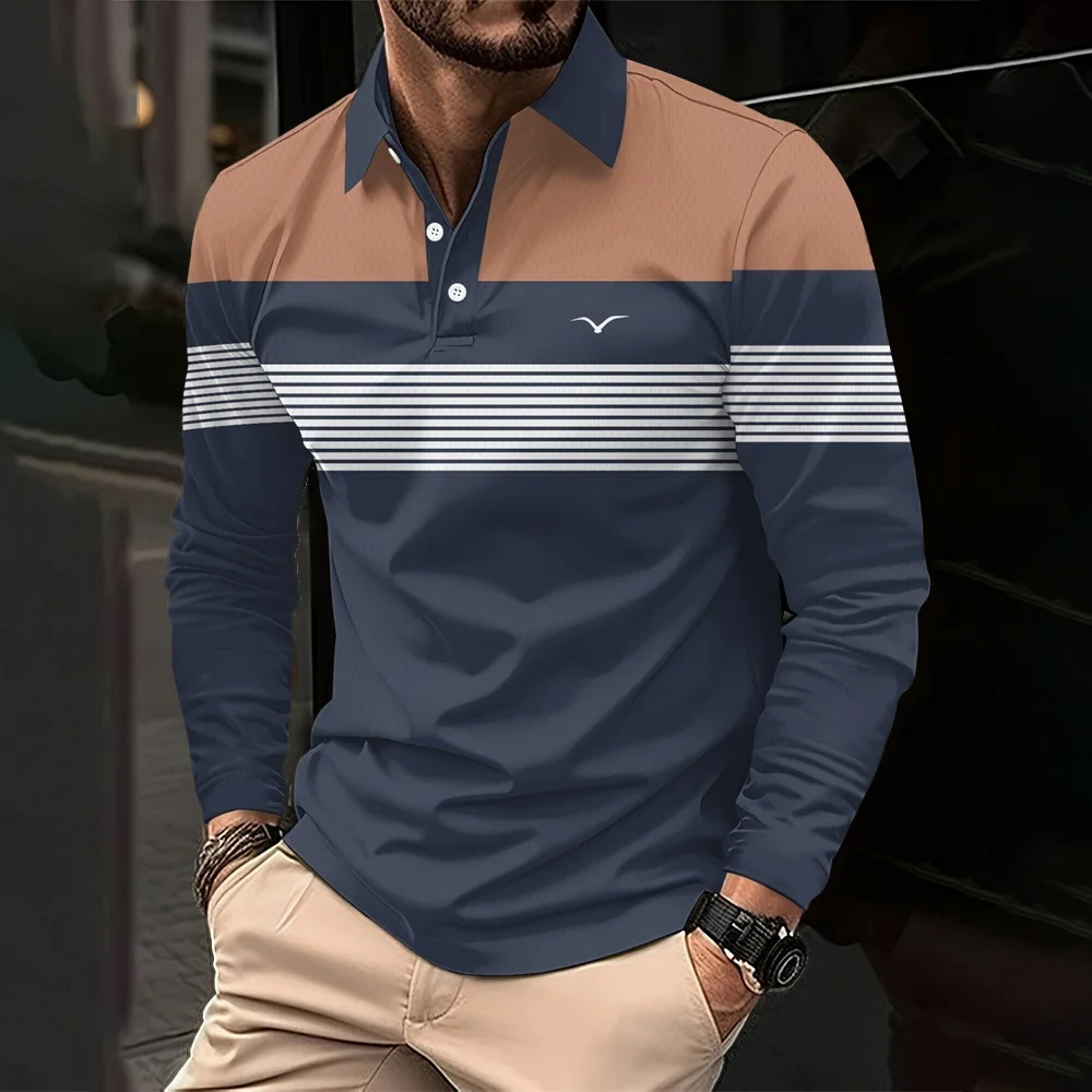 shirts for man Business Men Polo Shirts New Lapel Striped Button Contrast Color Streetwear Fashion Office Social Long Sleeve Top