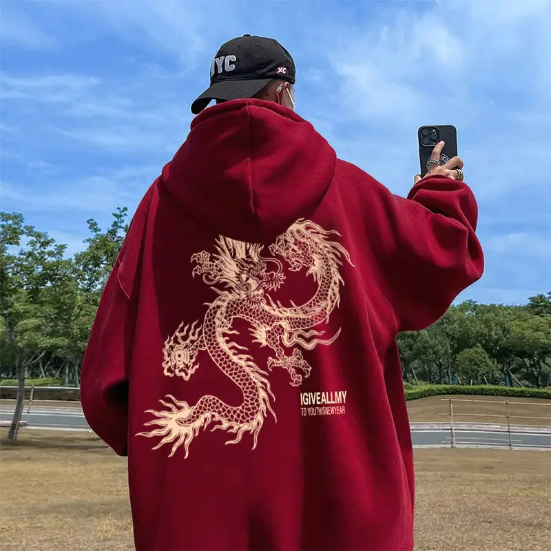 

Мужская толстовка оверсайз из чистого хлопка, красная, на флисе, с принтом дракона, осенне-зимняя, утепленная, устойчивая к сминанию, износостойкая