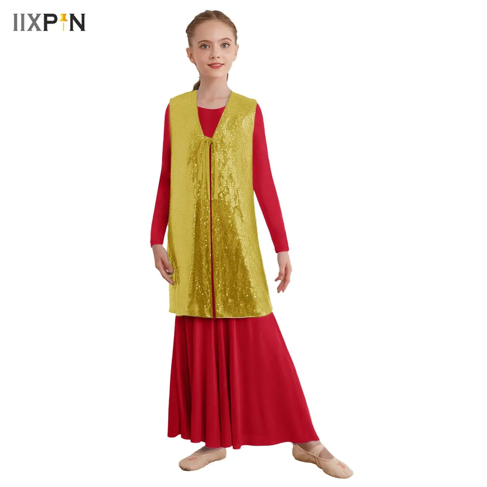 

Kids Girls Lyrical Praise Dance Outfit Open Front Self-Tie Sleeveless Split Shiny Sequins Tunic with Long Sleeve Maxi Dress Robe