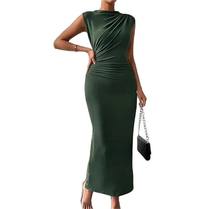 

Elegant Women Commuter Pleated Dresses Back Split Hem Slim Fit Wrap Hip Dress Female Summer O Neck Pullover Sleeveless Long Gown