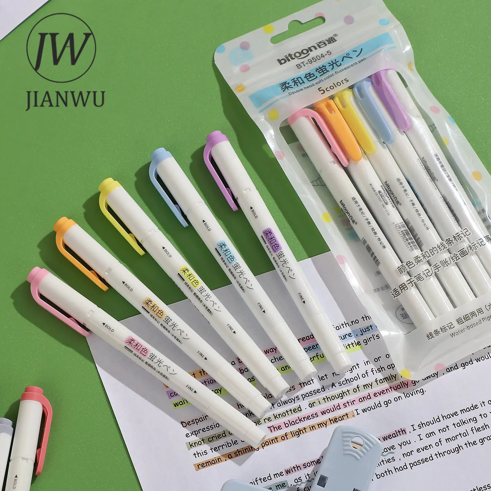 JIANWU 5 Pcs/set Double-ended Eye Protection Highlighter Set Smooth Writing Multicolor Marker Pen Creative DIY Student Supplies