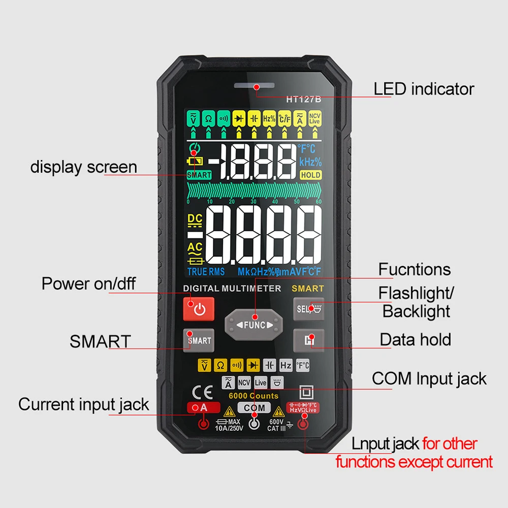 HT127B Digital Multimeter 6000 Counts Auto Range AC DC Tester LCD Smart Multimetro Tester Ohm Capacitance Hz Temp Voltage Meter