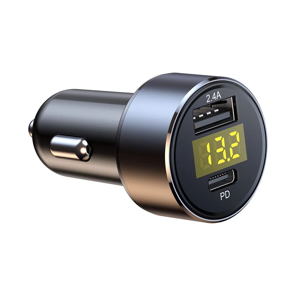 Car Charger 2.4A USB Type-C Port Adapter Cigarette Lighter LED Voltmeter For Most Mobile Phones Charger Smart Dual Port Charging