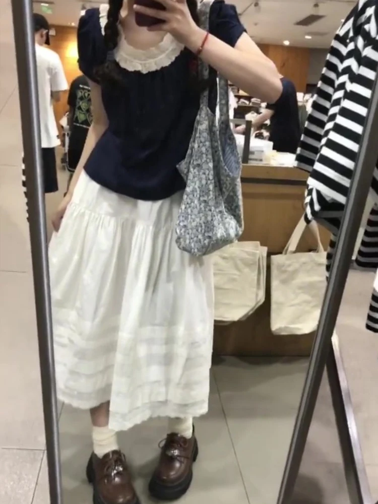 Dentelle épissure f jupe deux pièces ensemble Long Dr paresseux Sle T-shirt à volants taille haute bulle Sve ort Sve printemps été...