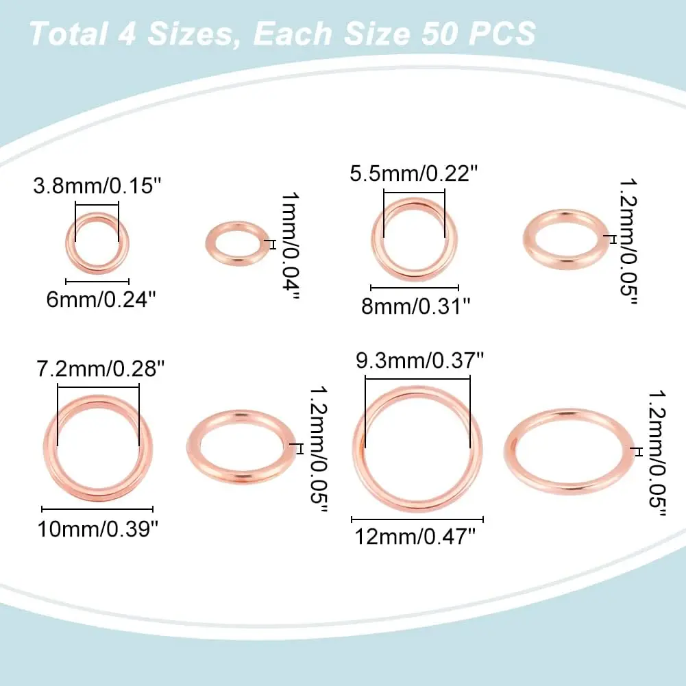 200pcs Closed Jump Rings 4Sizes Brass Jump Rings Rose Gold Closed O Rings 16~18 Gauge O Ring Connectors for Jewelry Making