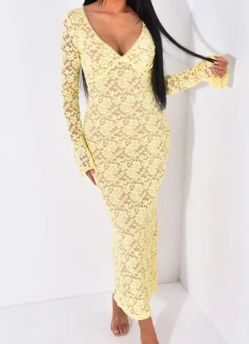 

2025 Autumn Y2K Elegant Sexy Lace Hollow Out Long Sleeved Dress for Women Female Clothing