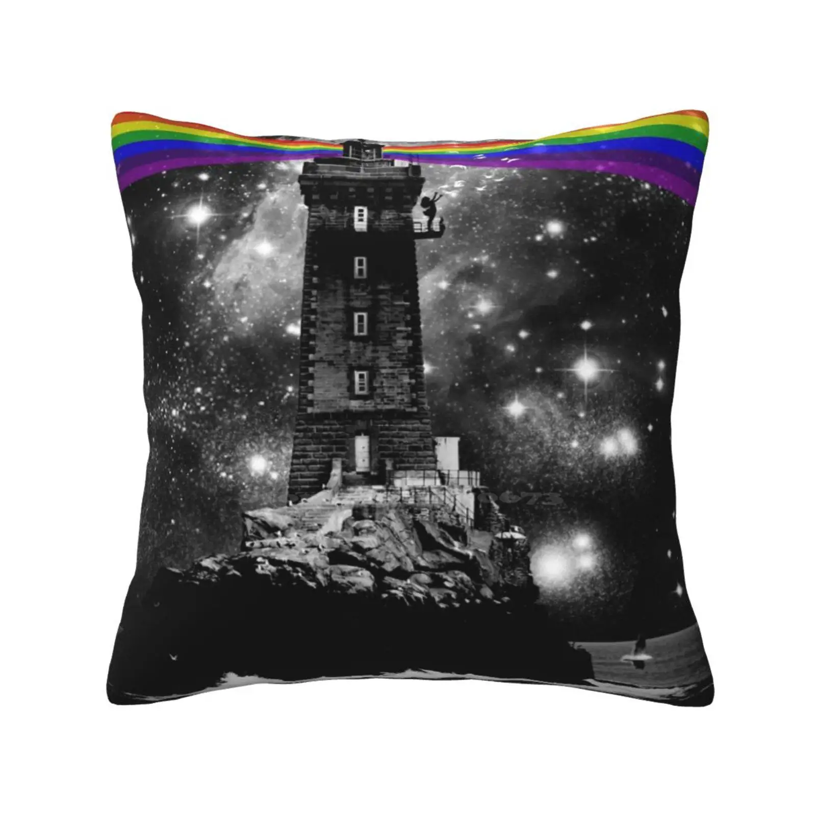 There'S Always Hope Home Sofa Car Waist Throw Pillowcase Rainbow Light Tower Ray Of Hope Woman Birds Stars Sky Sea Ocean Light