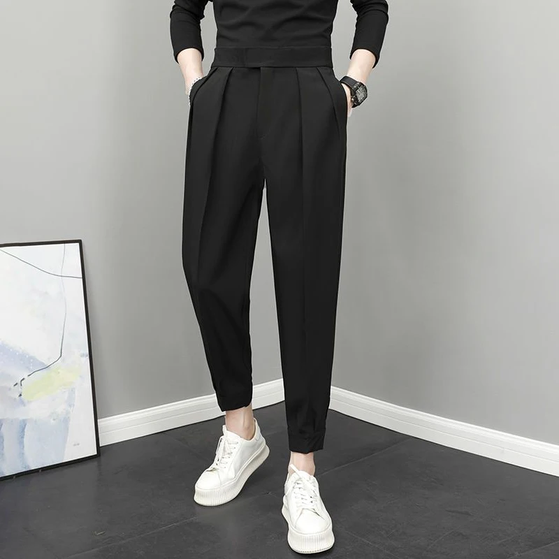 

Men's Clothing New Fashion Loose Man Solid Color Pleated Temperament High Waist Handsome Thin Spring Summer Casual Pants