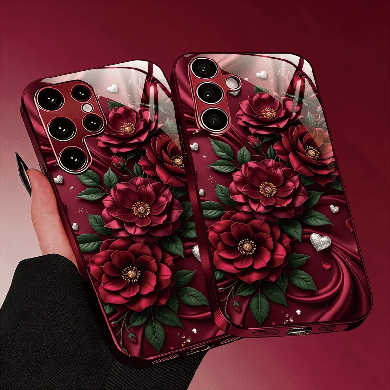 Red blooming flowers Tempered Glass Red Fashion phone case for Samsung Galaxy S26/S25/S24/S23/S22/S21 FE Ultra Plus Shockproof