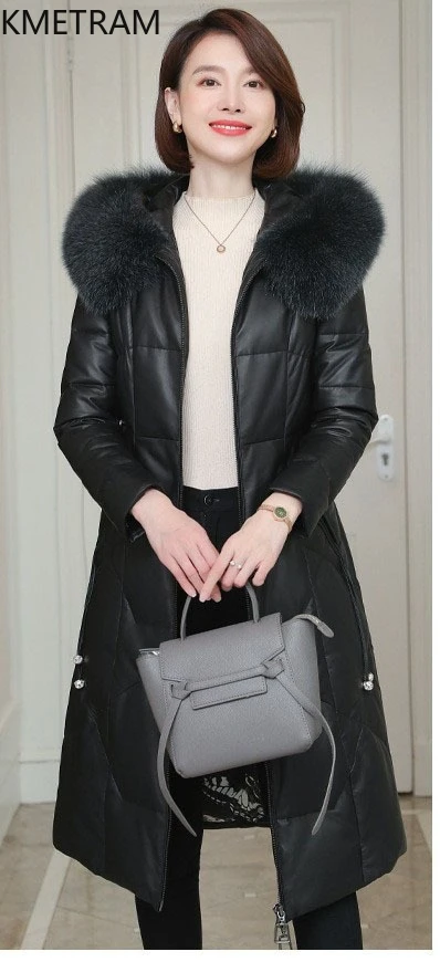 Piumino in piuma d'oca bianca Donna 100% pelle di pecora Piumini lunghi con cappuccio Collo in pelliccia di volpe Abbigliamento donna invernale 2025 ·хоislavк
