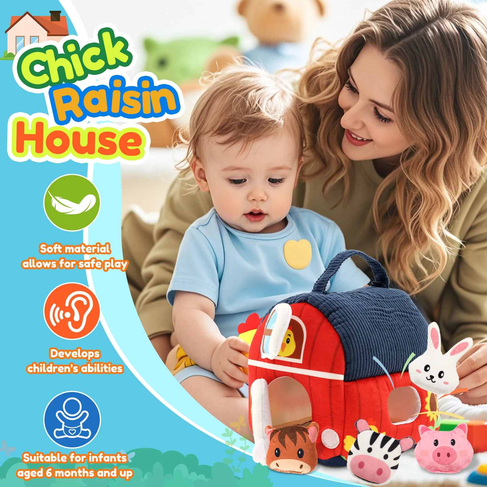 Baby Montessori Toys Portable Stuffed Farmhouse Animals Toy Educational Learning Activity Sensory Toys for Ages 6 Months and Up