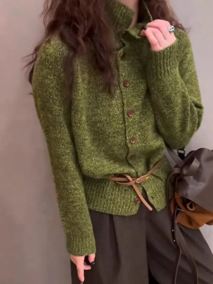 

Korean Sle Thiened High Collar Single Button Fem Sweater Autumn Winter Warm Retro Faion Knitted Cardigan Loose Fit