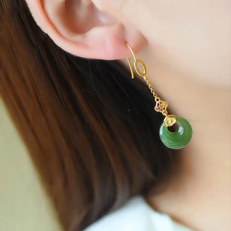 Natural Hotan Jade Jasper Safety Clasp Copper Gilded Auspicious Cloud Long Vintage Lady Earrings Simple Selection Jewelry Gift