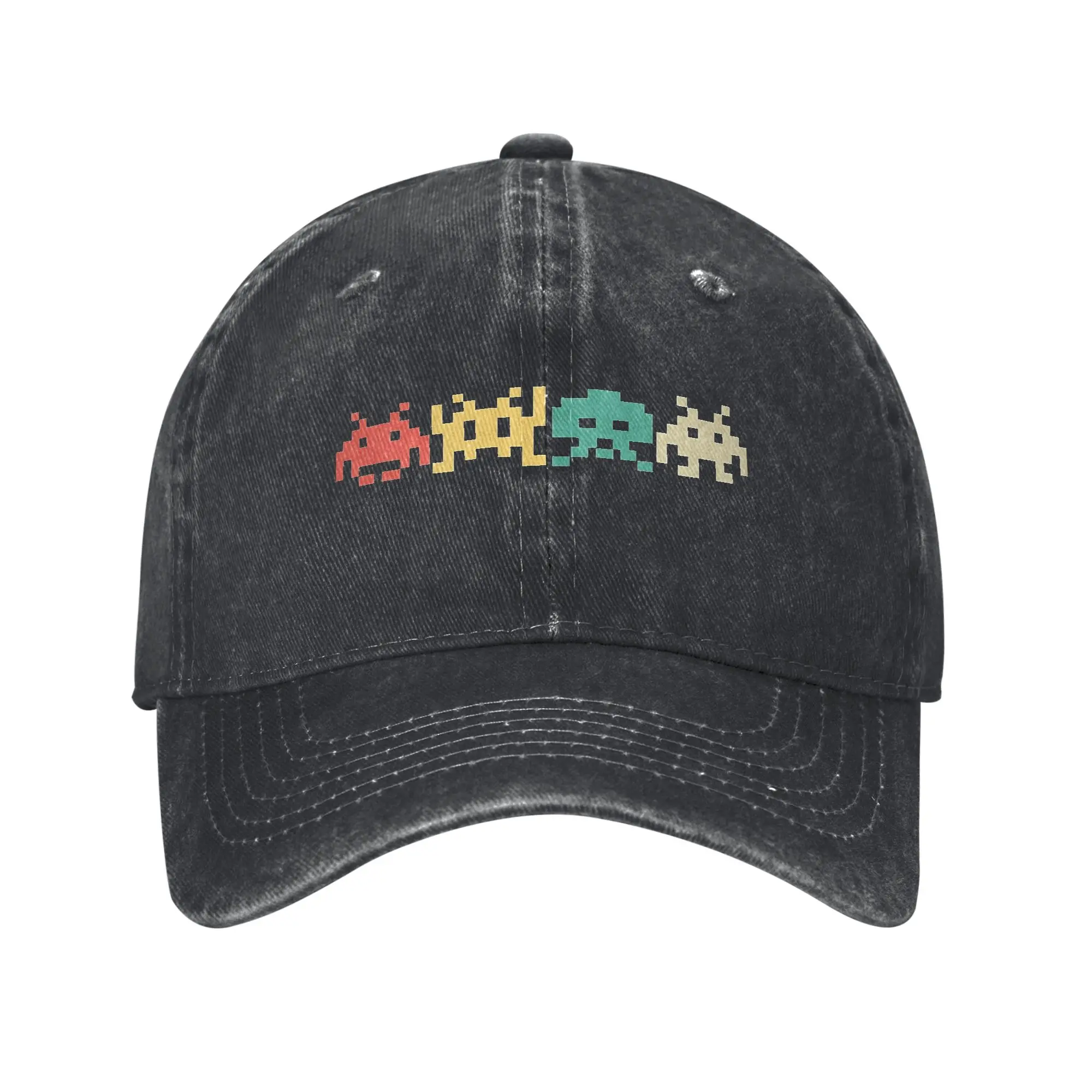 Fashion 80s Video Game Space Invaders Arcade Baseball Cap Distressed Denim Headwear  Outdoor Summer  Adjustable Fit Hats Cap
