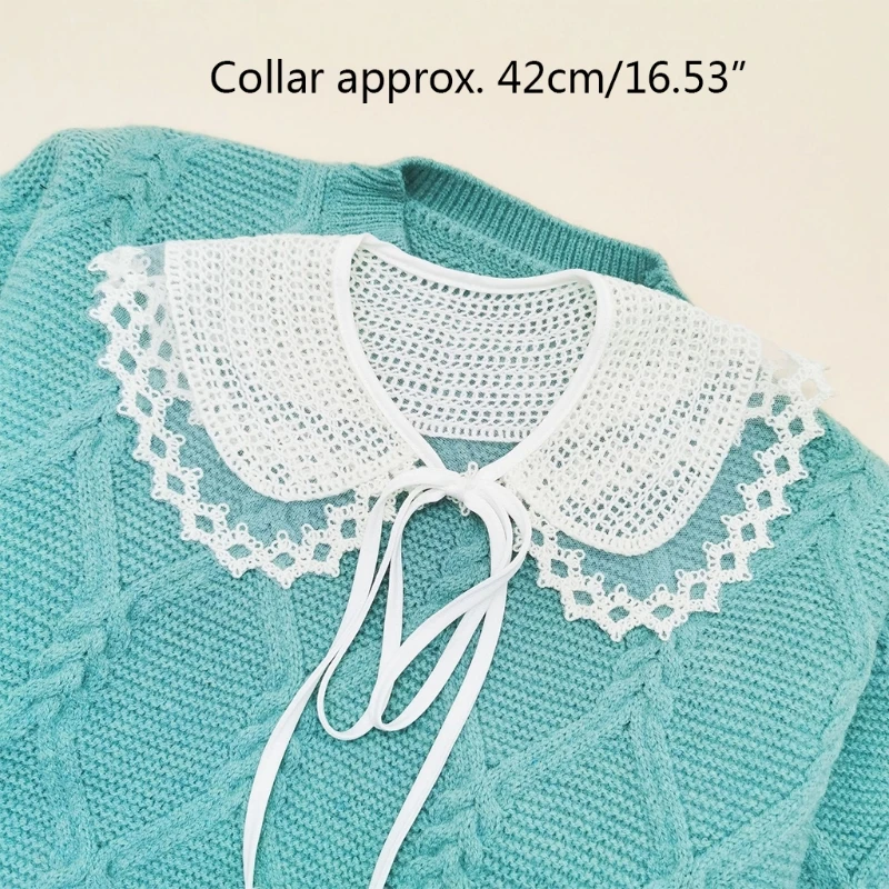 Women Crochet Knit Plaid Fake Collar Shawl Sweet Embroidery for Doll Scarf Wrap Necklace Sheer Mesh Stitching Lace-Up