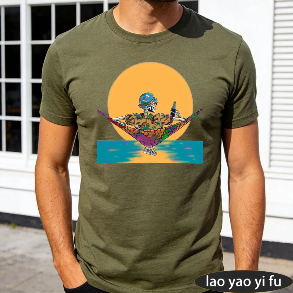 Psychedelic Skeleton Chilling Beer Graphic T Shirt Men Trippy Party Scene Print Top Summer Rave Festival Casual Streetwear Tees