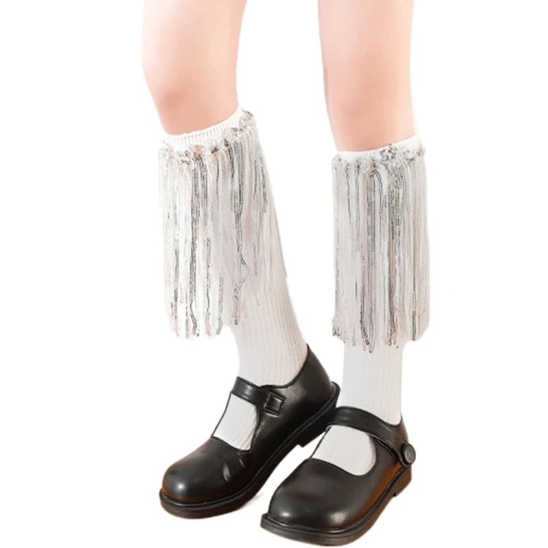 Nonslip Cotton Socks Girl Stretch Sequined Fringed Knee High Socks Midcalf Socks