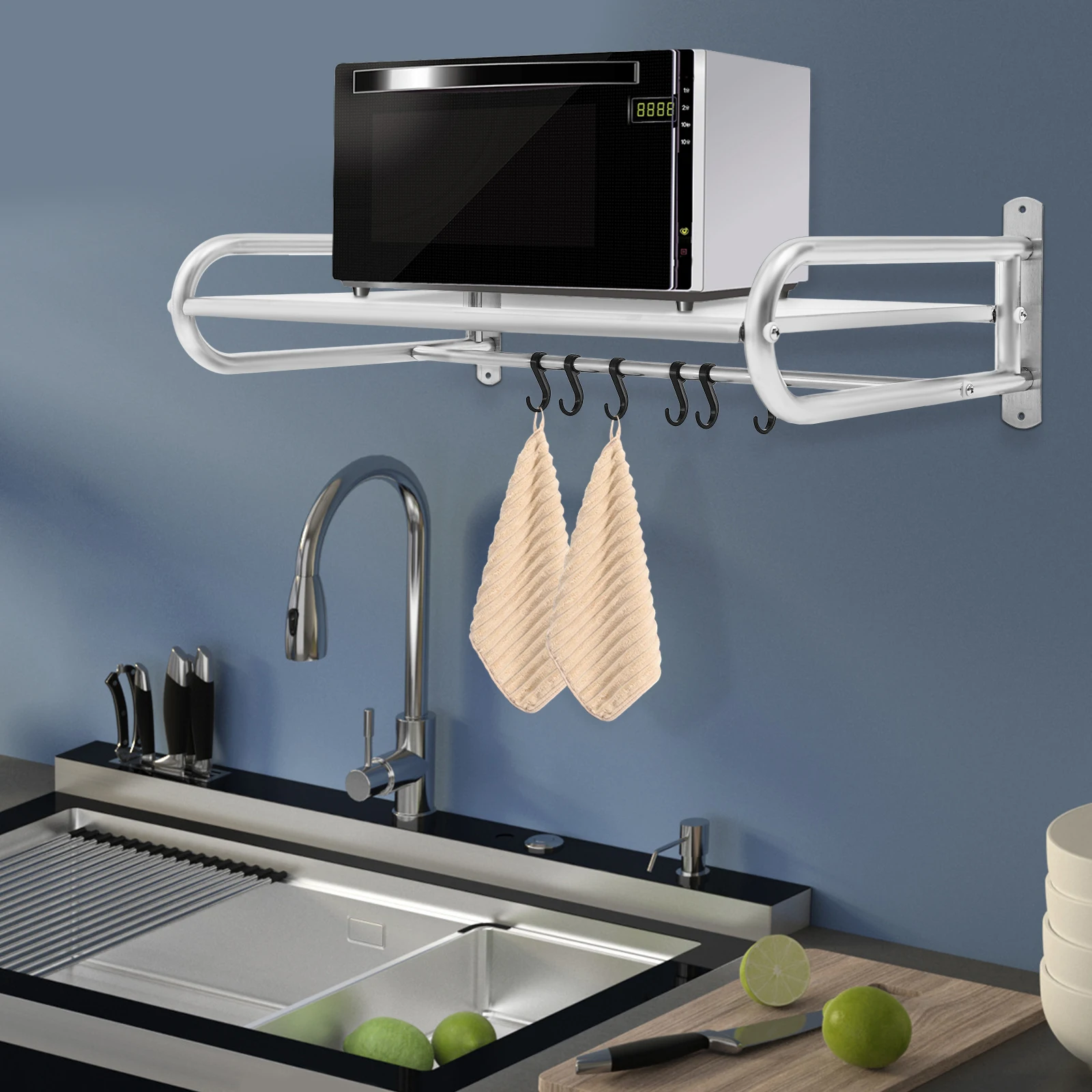 Stainless Steel Microwave Oven Shelf,Silver Rectangular Wall Mounted Microwave Oven Shelf with 6 Hooks 58*38*18cm for Kitchens