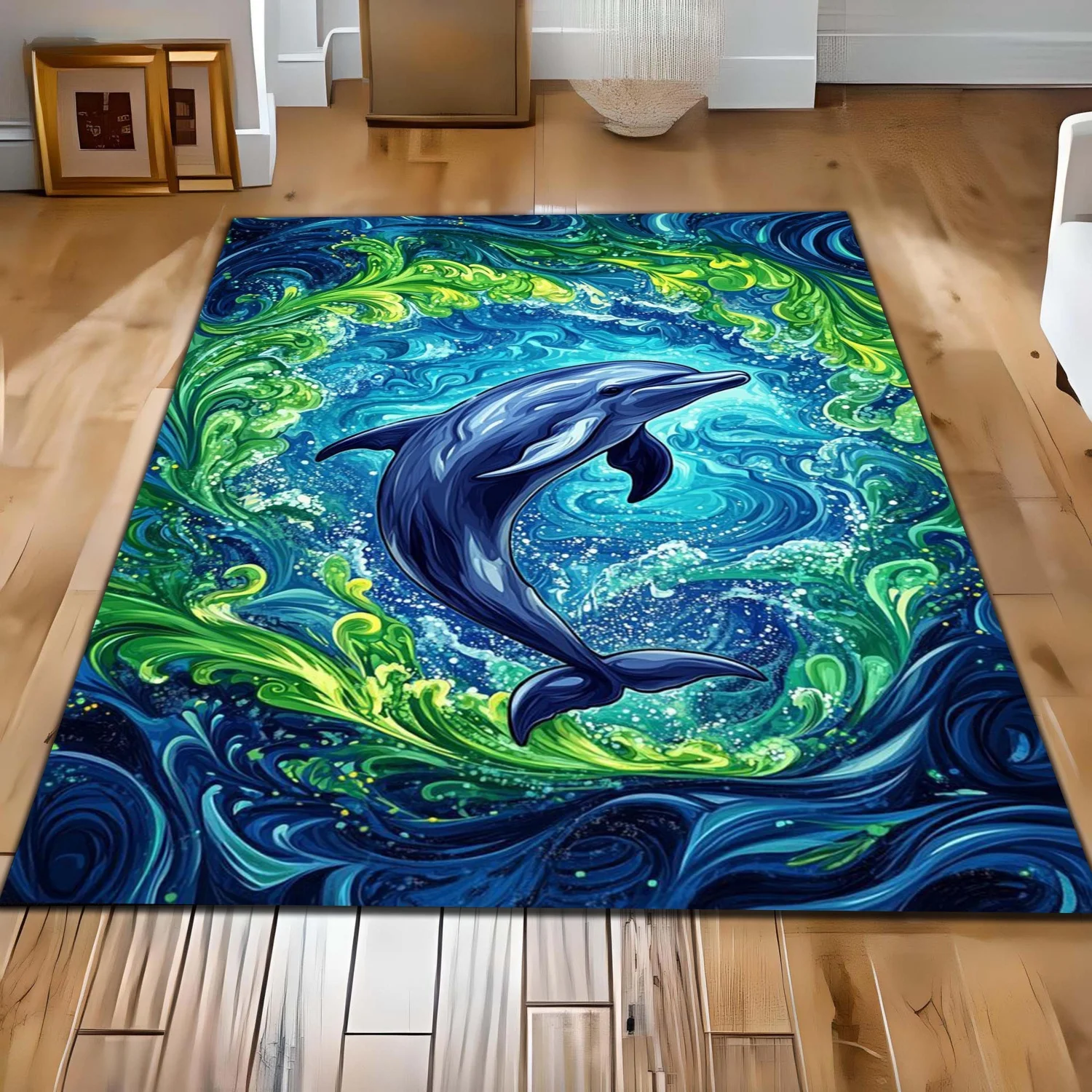 Room Decor Rug Blue Green Ocean Wave Dolphin Art Print Area Rug, Soft Floor carpet, rugs for livingroom, rug for bedroom, Rectangle Floor Mat, Ideal for Game Room, Marine Nature Inspired Colorful Indo