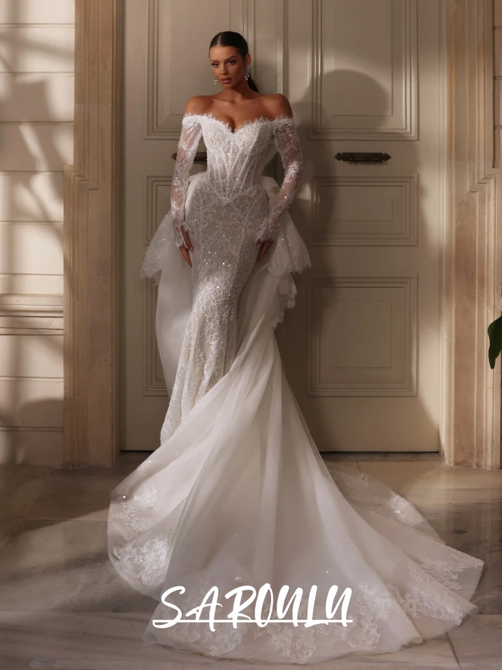 SAROULU Luxury Lace Beaded Mermaid Bridal Gown Sparkly Off‑Shoulder Long Sleeve Wedding Dress For Women Detachable Bow Train