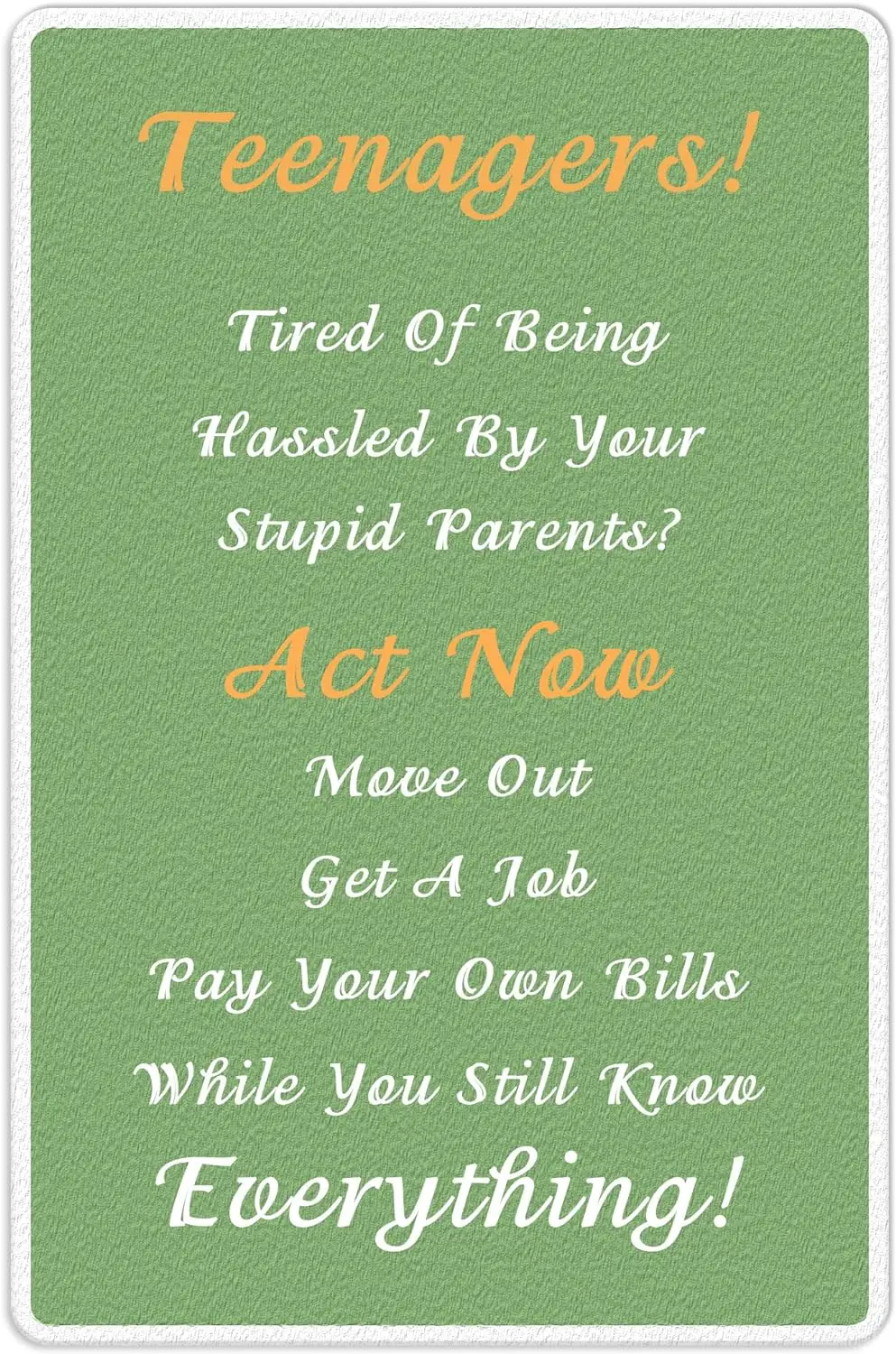 Funny Metal Tin Sign - Teenagers Tired of Being Hassled by Your Stupid Parents Act Now Move Out Get A Job Pay Your Own Bills Whi