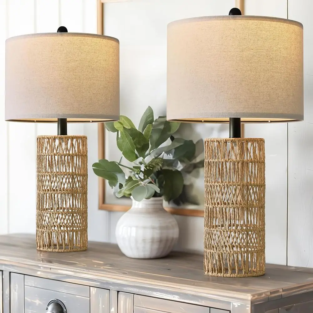 

Set of 2 Boho 22.5 Table Lamps for Living Room, Bedroom, Nightstands - Rattan Design, Brown Finish, Retro Style (Bulbs Not Inclu